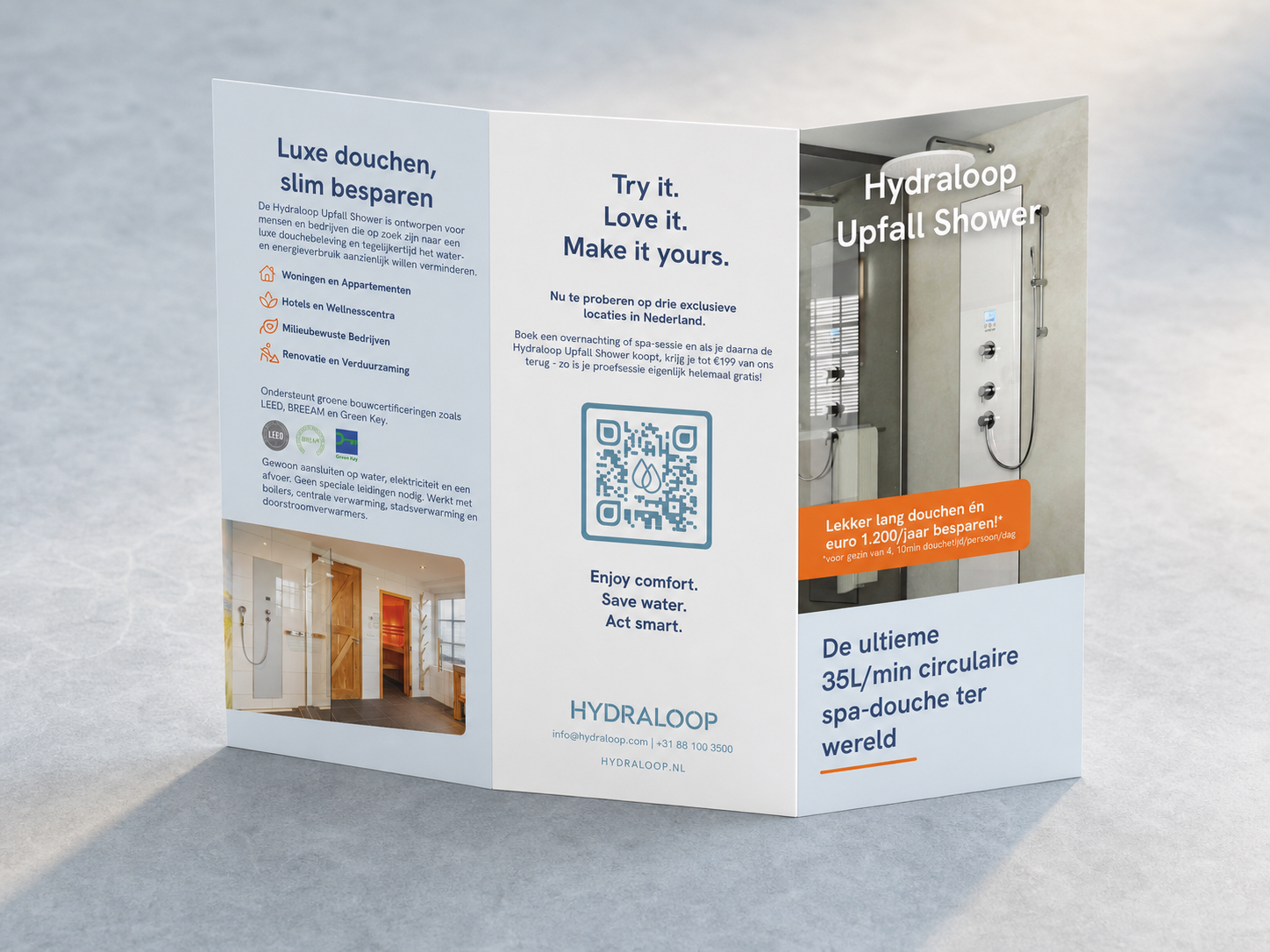 Mockup van de Hydraloop trifold flyer