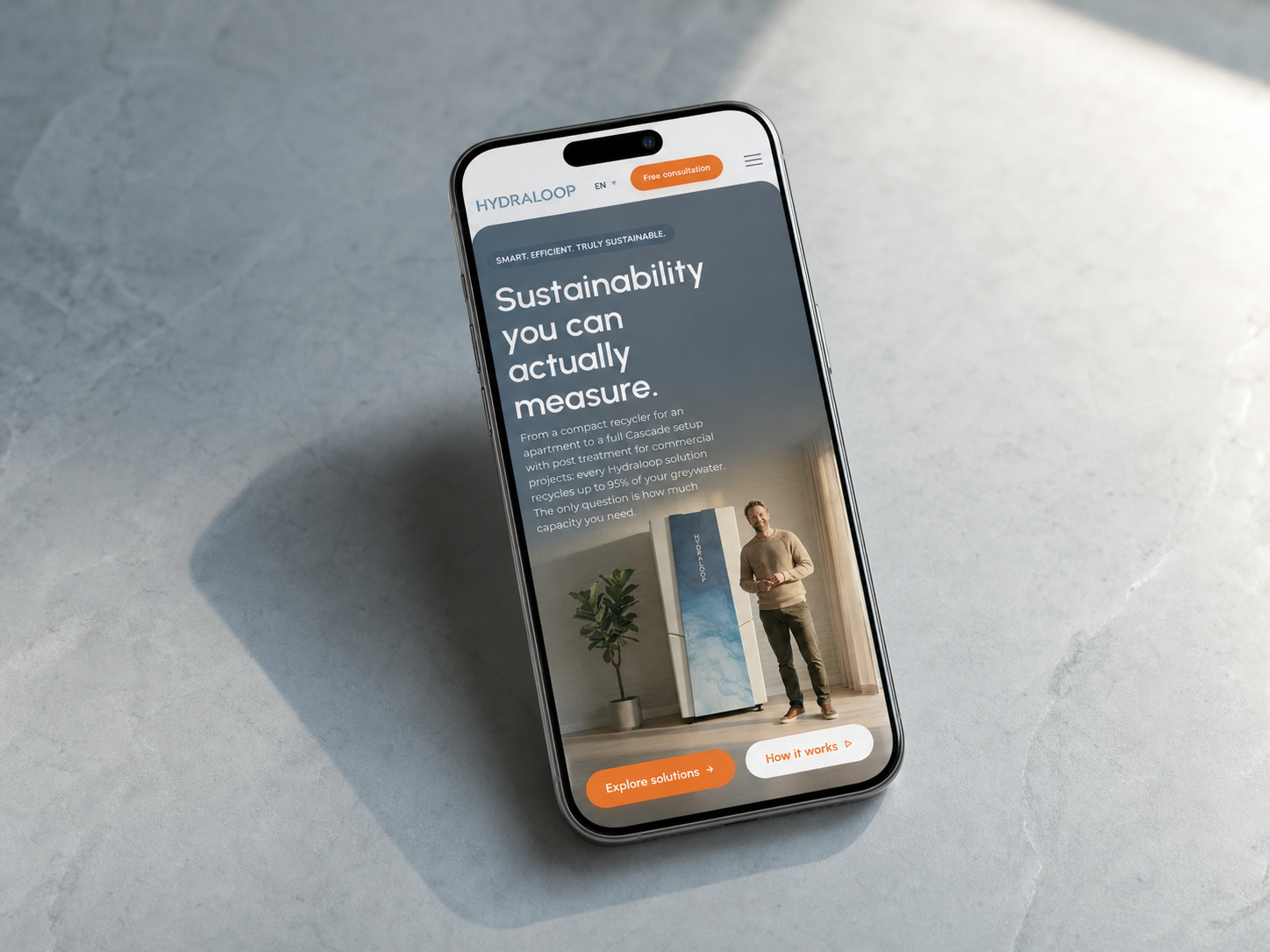 Hydraloop-homepage op een smartphone
