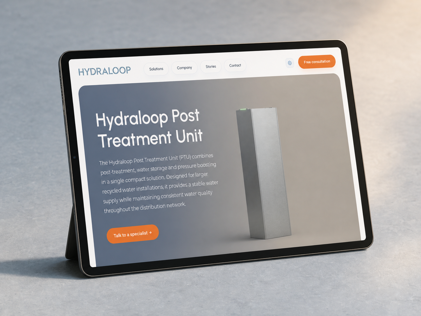 Hydraloop PTU-pagina op een tablet